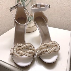 Pearl and gold embroidered white heels